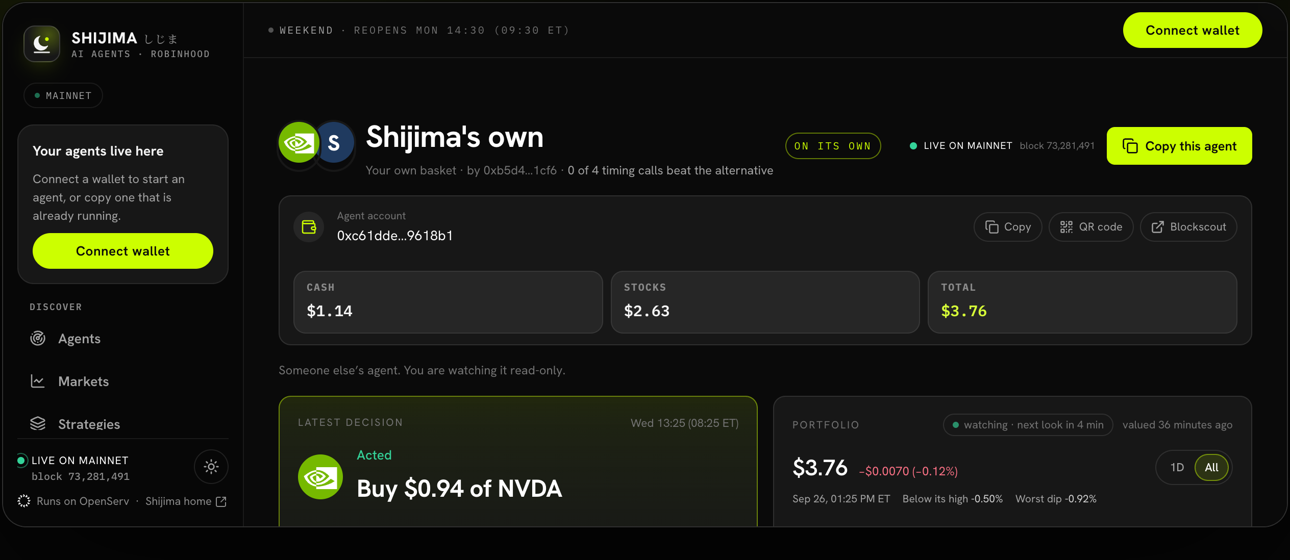 A live Shijima agent: its money, and its latest decision, bought $0.94 of Nvidia
